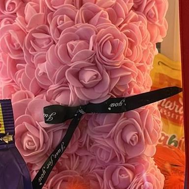 Foam rose bear with sweet treats