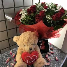 Snuggles Bear &amp; dozen roses
